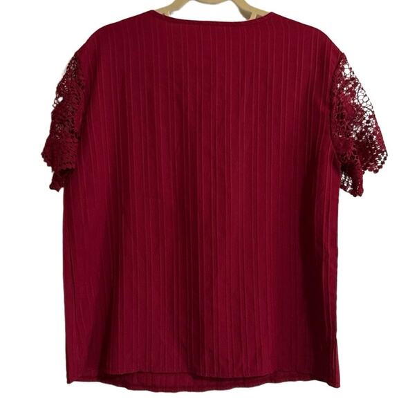 Shein Short Sleeve Top Womens L Maroon Ribbed Lace V-Neck Blouse - Picture 5 of 5